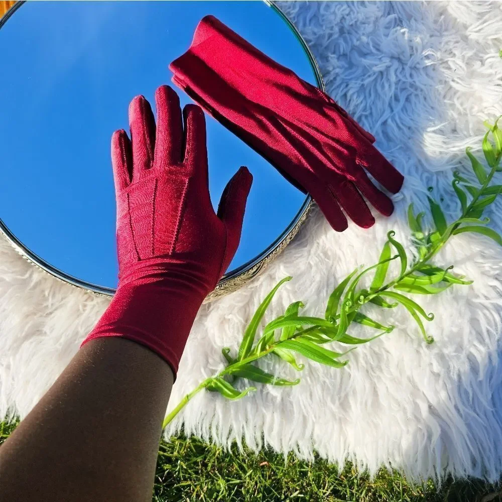 Stylish Burgandy Spandex Faux Leather Blend Statement Gloves.